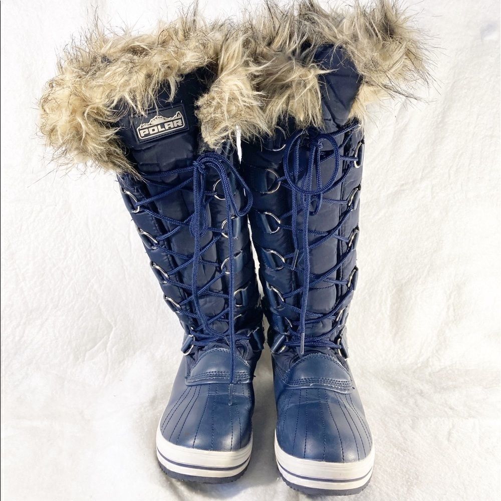Polar Navy Nylon Tall Fur Lace Waterproof Snow Rainy Boots Sz 8